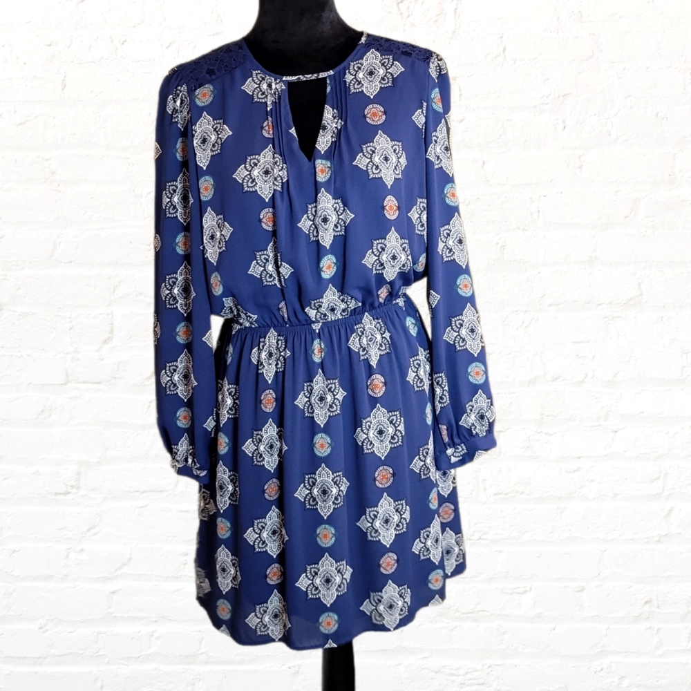 Express Elastic Waist Long Sleeve Dress Medium navy blue with design and lined